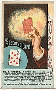 Number 5, The Restored Card, from the Tricks with Cards series (N138) issued by W. Duke, Sons & Co. to promote Honest Long Cut Tobacco by W. Duke, Sons & Co.|The Giles Company