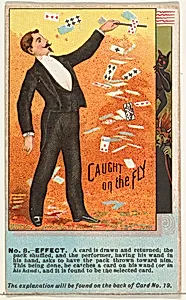 Number 8, Caught on the Fly, from the Tricks with Cards series (N138) issued by W. Duke, Sons & Co. to promote Honest Long Cut Tobacco by W. Duke, Sons & Co.|The Giles Company
