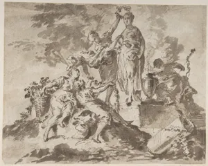 Nymphs Adorning the Statue of a Goddess (recto); River God with Three Nymphs (verso)
