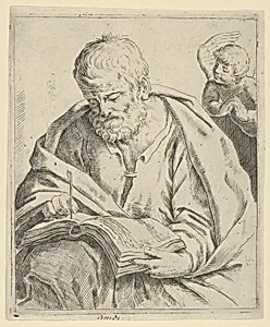 Old man seated and writing in a book, an angel at right looking over his shoulder, after Reni (?) by Guido Reni|Anonymous