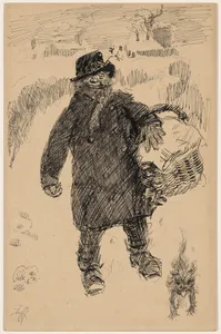 Old Man Walking in the Snow Carrying a Large Basket, Accompanied by a Dog