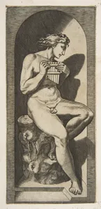 Olympus naked seated on a tree stump holding pipes, set within a niche