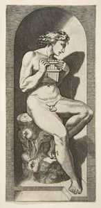 Olympus naked seated on a tree stump holding pipes, set within a niche