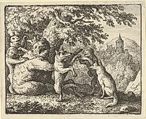 On Order of the Lion, a Piece of Skin is Taken from the Bear, A Piece of the Front Paws of the Wolf and a Piece from the She-Wolf's Hind Paws are Skinned from Hendrick van Alcmar's Renard The Fox by Allart van Everdingen