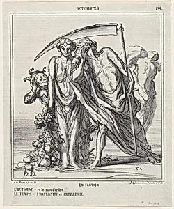 On Sentry Duty: Autumn –and the password? Time–Fraternity and artillery, from 'News of the day,' published in Le Charivari, September 30, 1867 by Arnaud de Vresse|Honoré Daumier|Destouches