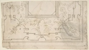 One Half Design for a Ceiling with Floral and Strapwork Motifs (recto); Slight Scribbles (verso).