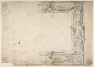One Half of a Design for a Frame of a Stage Proscenium, with a Figure of Justice at the Right, and the Barberini Arms in a Cartouche at the Top
