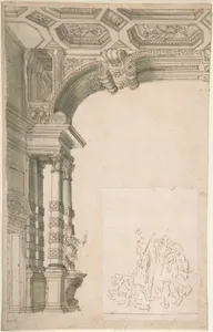 One Half of a Design for an Arch, With a Figural Sketch Pasted at lower right