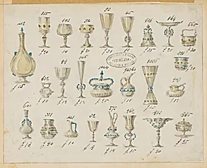 One of Twenty-Three Sheets of Drawings of Glassware (Mirrors, Chandeliers, Goblets, etc.) by Compagnia di Venezia e Murano