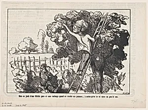 One rejoices in a pure, unspoiled happiness when harvesting ones own apples... at least as long as one doesn't break ones neck, from 'The joys of country life,' published in Le Charivari, September 14, 1865 by Honoré Daumier