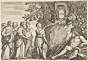 Ornament design for a thesis, the Strozzi coat of arms at top by Stefano della Bella
