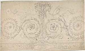 Ornament with Claw-footed Urn, Lynxes, Butterflies and Foliage above a Greek Meander by Anonymous, German, 19th century