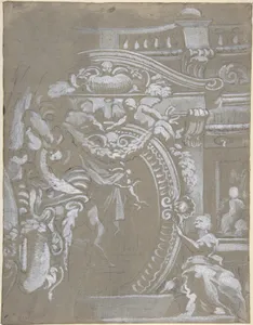 Ornamental Design for a Wall Monument Surmounted by a Balustrade with Human Figures, Angels Holding Garlands and Draperies (recto and verso).
