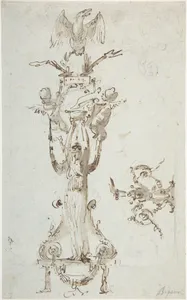 Ornamental Design with Caryatid Figure Standing on Stool and Holding a Bowl; Puttis on the Sides Hold Drapery and Support Base with an Eagle; on the Right Side Decorative Figures with Acanthus surmounted by Flowing.