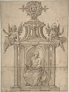Ornamental Drawing, with St. John the Evangelist Seated in a Columned Niche, with Two Putti by Anonymous, Italian, late 16th century