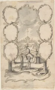 Ornamental family tree with man planting a tree and garden beyond