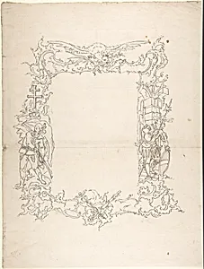 Ornamental frame with eagle and two figures