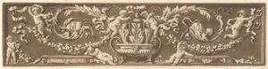 Ornamental frieze with putti, acanthus leaves, and garlands of fruit, from Recueil de Différentes Compositions Frises et Ornements dessinées et gravées à la manière du lavis par La Grenée le Juene Se trouve chez l'Auteur, au Louvre et chez Basan, rue et Hôtel Serpente A Paris, in an album containing Recueil de Compositions par Lagrenée Le Jeune (Collection of Compositions by Lagrenée the Younger)