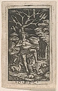 Orpheus seated playing his lyre, and charming the animals by Peregrino da Cesena