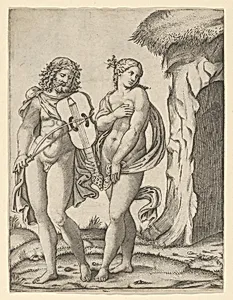 Orpheus standing at left playing the violin, Eurydice at right covering herself by Marcantonio Raimondi|Raphael (Raffaello Sanzio or Santi)