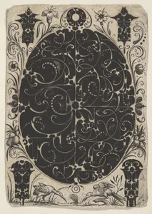 Oval Case Decorated with Schweifwerk in Two Variants, Surrounded by Smaller Motifs, Flowers and Two Birds Below