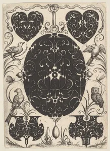 Oval Pendant Decorated with Schweifwerk, Surrounded by Smaller Motifs and Four Birds