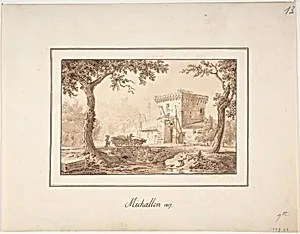 Oxcart Approaching a Fortified Building