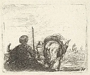 Pack-horse, seated man with staff in right hand, and dog, all viewed from the rear, from the series 'The Small Landscapes' by Karel Dujardin