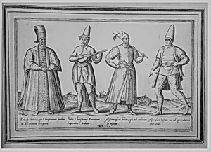 Paedagogi habitus, qui Christianam prolem in disceplinam acceperit; Proles Christiana Turcorum Imperatori tributa; Assamoglani habitus, qui ad militiam se instituit; Asmoglam vestituis qui ad agriculturam exercetur by Abraham de Bruyn|Joos de Bosscher