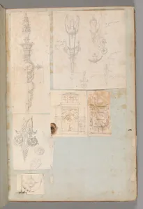 Page from a Scrapbook containing Drawings and Several Prints of Architecture, Interiors, Furniture and Other Objects