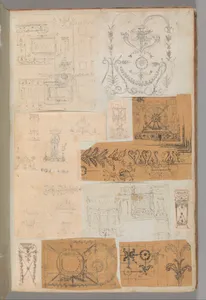 Page from a Scrapbook containing Drawings and Several Prints of Architecture, Interiors, Furniture and Other Objects