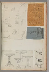 Page from a Scrapbook containing Drawings and Several Prints of Architecture, Interiors, Furniture and Other Objects