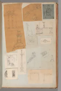 Page from a Scrapbook containing Drawings and Several Prints of Architecture, Interiors, Furniture and Other Objects