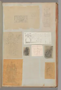 Page from a Scrapbook containing Drawings and Several Prints of Architecture, Interiors, Furniture and Other Objects