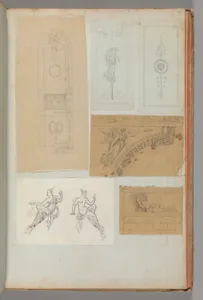 Page from a Scrapbook containing Drawings and Several Prints of Architecture, Interiors, Furniture and Other Objects