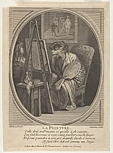 Painting (La Peinture): a monkey seated at an easel, dressed in a robe and beret and holding a painter's palette, a framed painting hanging on the wall beyond by Antoine Watteau|Louis Desplaces|Marguerite Caillou Chéreau