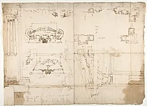 Palazzo dei Conservatori, portico, plan; portal, elevation; details, elevations (recto) Palazzo dei Conservatori, portico, elevation; details, profiles (verso) by Anonymous, French, 16th century