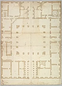 Palazzo Farnese, plan, ground floor (recto) blank (verso) by Anonymous, French, 16th century