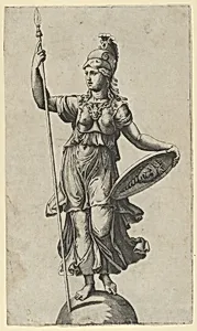 Pallas Athena standing on a globe, a spear in her left hand, a shield in her right by Raphael (Raffaello Sanzio or Santi)|Marcantonio Raimondi|Giulio Romano