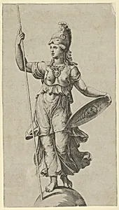 Pallas Athena standing on a globe, holding a spear in her left hand and her shield in her right by Raphael (Raffaello Sanzio or Santi)|Giulio Romano|Anonymous, Italian, 16th to early 17th century|Marcantonio Raimondi