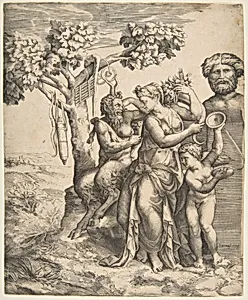 Pan at the left seated next to a standing nymph, to the right Cupid holding cymbals by Giulio Bonasone