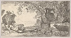 Pan reclining at left with two standing satyrs, a large vase on a pedestal at right by Giovanni Benedetto Castiglione (Il Grechetto)