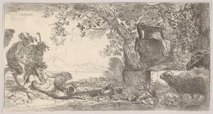 Pan reclining at left with two standing satyrs, a large vase on a pedestal at right