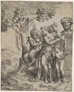 Pan seated near a female figure holding a cornucopia (a nymph or Pomona), at right cupid plays cymbals in front of a herm, at left a pipe, cymbals, bow, and satchel of arrows hang from a tree