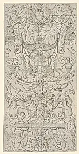 Panel of ornament with a bird-cage in the centre