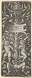 Panel of Ornament with Two Nude Boys Standing on the Legs of a Satyr by Heinrich Aldegrever