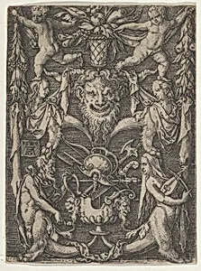 Panel with Grotesque Candelabrum Containing Satyrs, Children and a Trophy by Heinrich Aldegrever