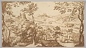 Panoramic Landscape with a Mill, a Castle and Mountains by Master of the Kurpfälzisches Skizzenbuch