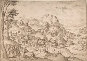 Panoramic Mountainous Estuary Landscape, with Christ and the Woman of Canaan
