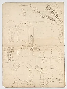 Pantheon, dome, section details; alcove, section and details (recto) Pantheon, rotonda, upper order, elevation and details (verso) by Anonymous, French, 16th century